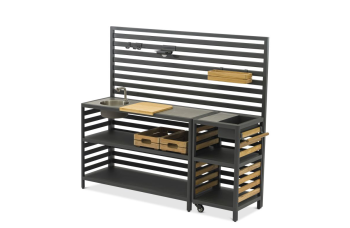 Outdoor Kitchen (wall / sink and tap / 2 wooden shelves / 2 alu shelves / cutting board + 2 solar lamps + 8 single hooks + 2 drawers) / MATERA MT 01G / ANTRACITE